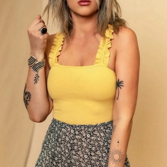 emmer Tops - ♡Golden Coast Yellow Ruffle Ribbed Bodysuit Small